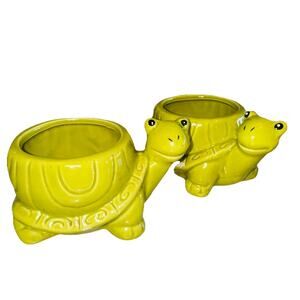 2 Vintage 5" Kitsch Turtle Ceramic Small Planter Boho Succulent Candy Bowl Dish